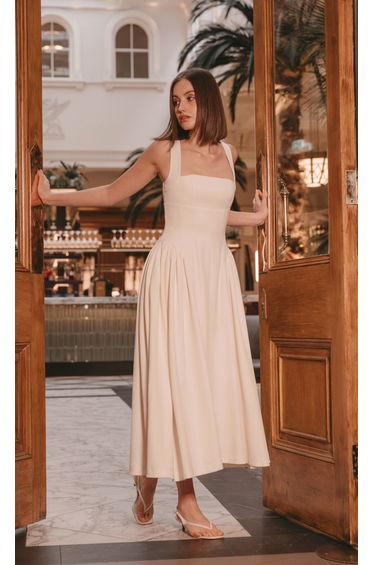 Cream Gathered Hip Pocket Midaxi Dress