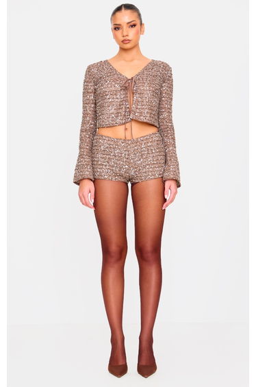 Taupe Textured Sequin Tie Top