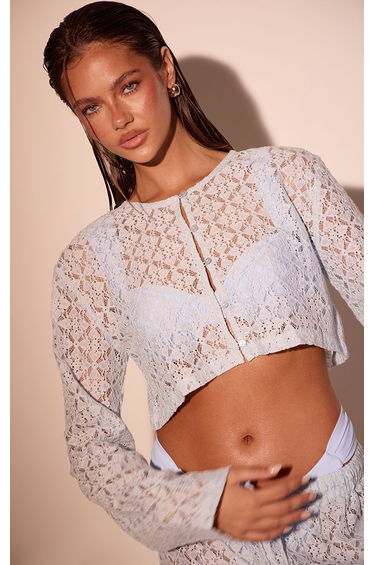 Dusty Blue Lace Button Detail Crop Top Co-ord