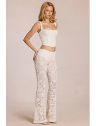 Sheer Lace Mid-Rise Flared Trousers in Ivory - 6