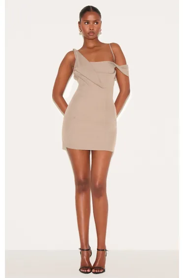 Taupe Woven Drape Mini Dress