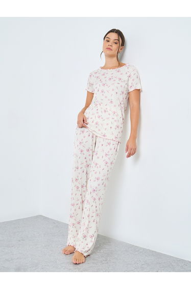 Floral Rib Lettuce Hem T-Shirt and Pyjama Set