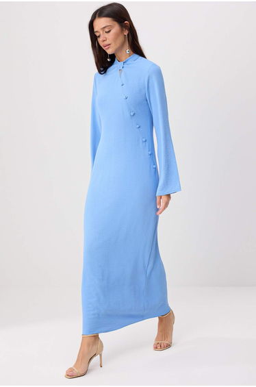 Blue Button Detailed Unlined Woven Aerobin Hijab Dress