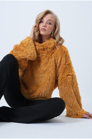 Women's mustard yellow high neck furry plush