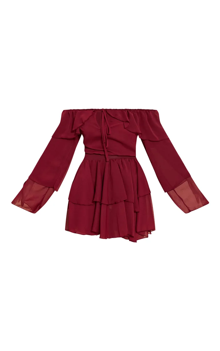 Petite Wine Chiffon Frill Detail Mini Dress Prettylittlething : Dresses :  VogaCloset Oman