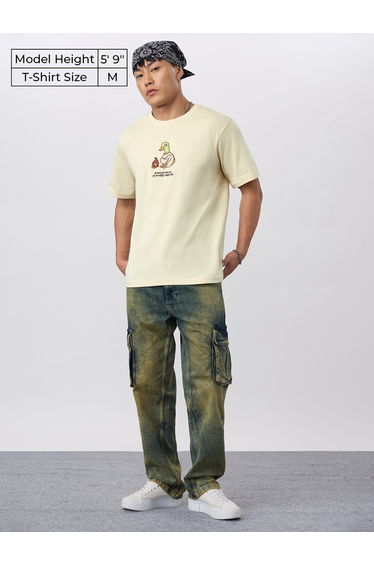 Men Cream Embroidered Relaxed Fit T-Shirt