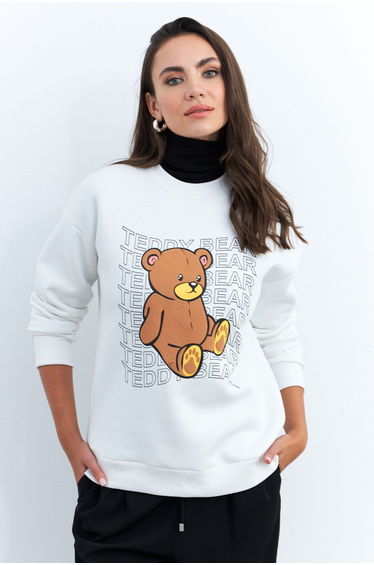 Women's Ecru Teddy Bear Printed Sweatshirt
