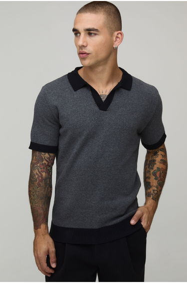 Regular Fit Revere Cotton Blend Knitted Polo - charcoal