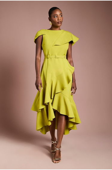 Waterfall Crepe Belted Midi Dress