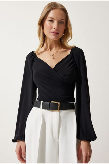 Women's Black Elastic Balloon Sleeve Sandy Knitted Blouse