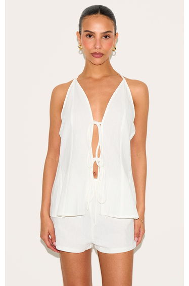 Petite White Woven Halterneck Tie Front Top