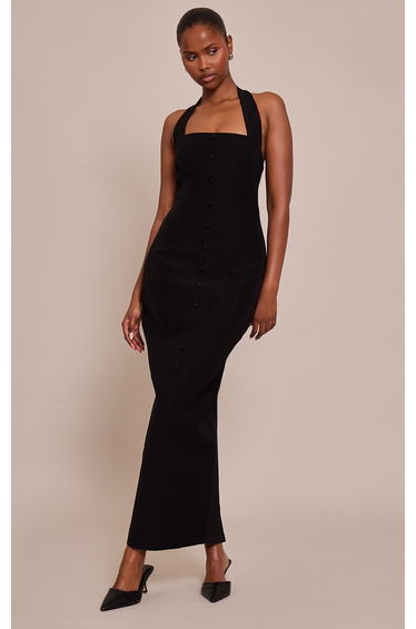 Black Woven Halter Button Maxi Dress