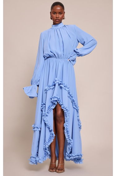 Blue Chiffon High Neck Frill Detail Maxi Dress