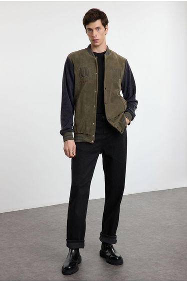 Khaki Slim Fit Color Block Detailed Polar Coat