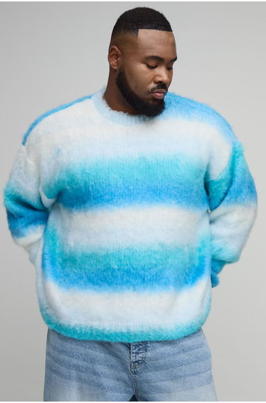 Plus Boxy Oversized Brushed Stripe Knitted Jumper - blue