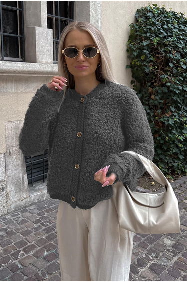Anthracite Buttoned Boucle Knitwear Cardigan