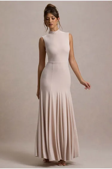 Ulani | Champagne High-Neck Maxi Dress With Open Back