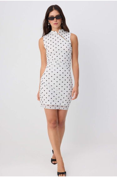 Ecru Polka Dot Bodycon High Neck Sleeveless Mini Tulle Lined Knitted Dress