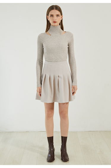 High Waist Wool-Blend Pleated Skater Skirt in Ivory