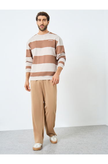 Beige Striped Relaxed Fit Fleece Sweatshirt