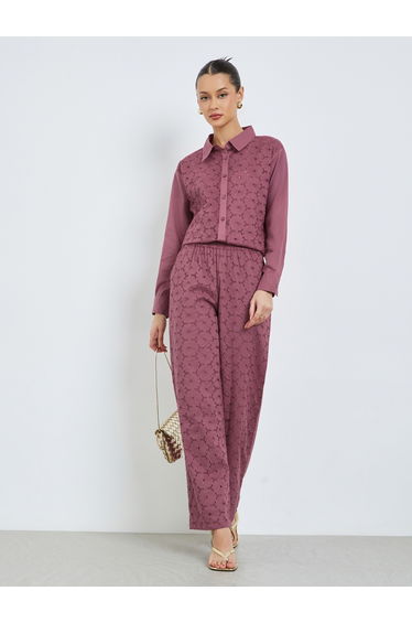 Purple Embroidered Eyelet Cotton Shirt