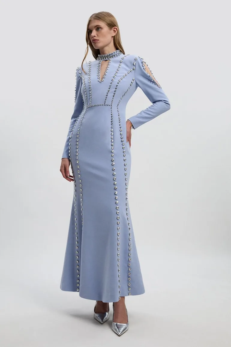 Crystal Embellished Woven Plunge Detail Maxi Dress