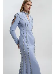 Crystal Embellished Woven Plunge Detail Maxi Dress - 1