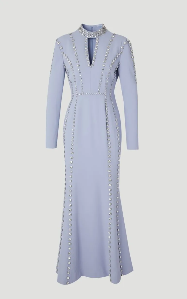 Crystal Embellished Woven Plunge Detail Maxi Dress - 3