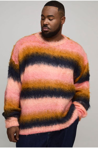 Plus Boxy Oversized Brushed Stripe Knitted Jumper - pink