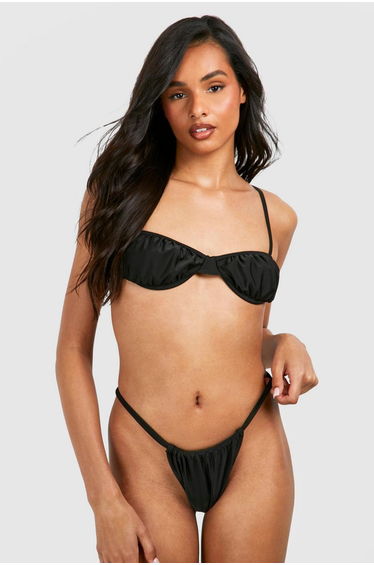 Tall Ruched Cup Detail Bikini Set - black