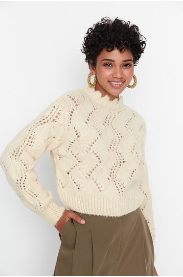 Ecru Soft Textured Openwork/Perforated Knitwear Sweater