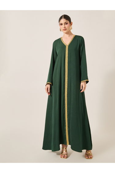 Lace Trim Waist Tie-Up V-Neck Jalabyia