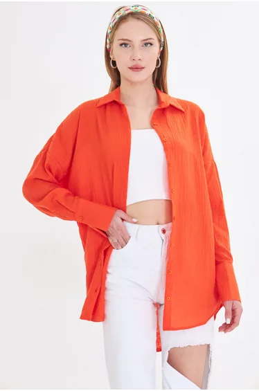Women's Orange Oversize Textured Linen Look Wide Cuff Shirt