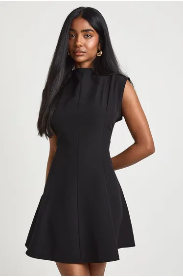 Fit & Flare Seam Detail Mini Dress - black