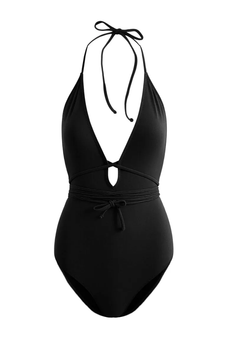 Black Deep V-Neck Covered Tie High Leg Brazilian Swimsuit - 2