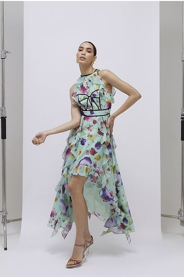Green Floral Sleeveless Midi Dress