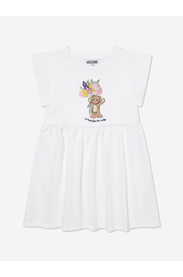 Moschino Girls Cotton Teddy Bear Dress in White