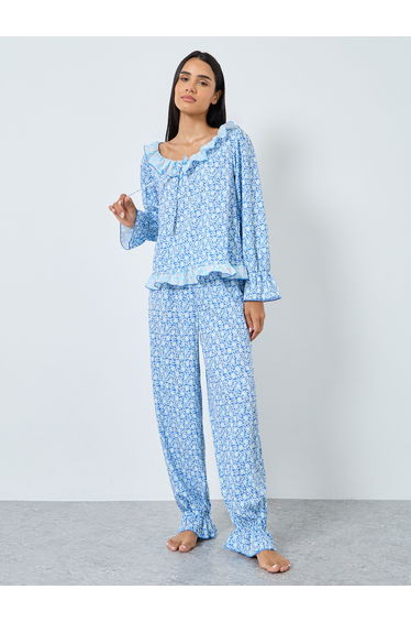 Contrast Floral Ruffle Hem Neck Top and Cuffed Pyjama Set