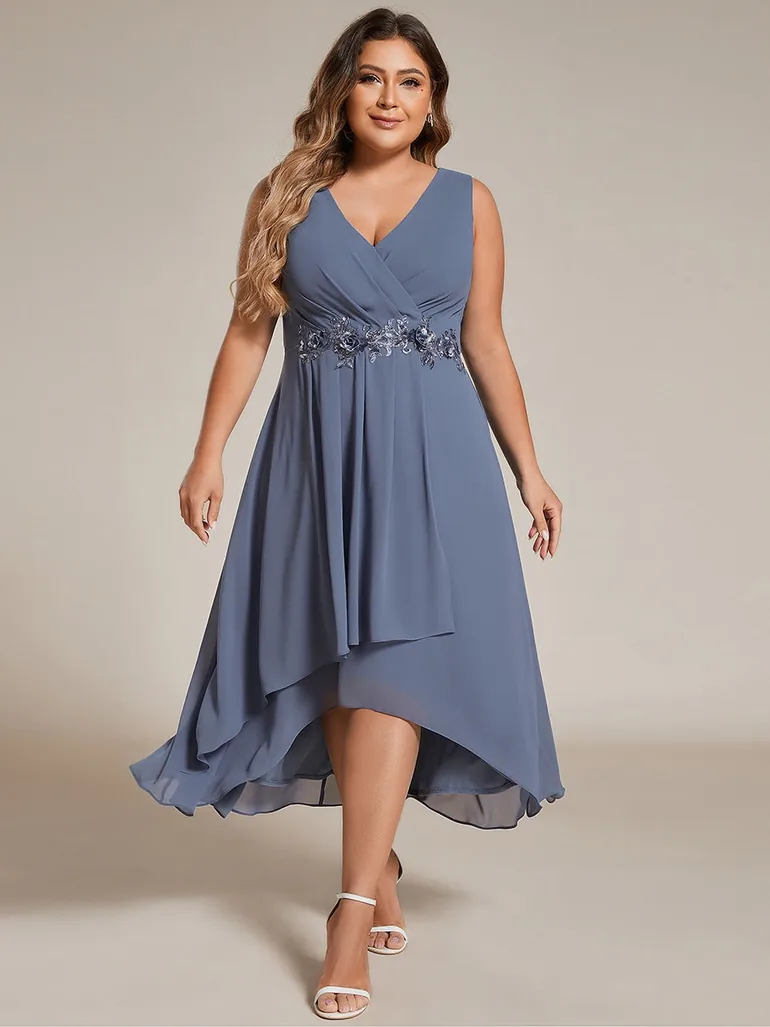 ever IRYS|Sleeveless V-Neck High Low Wedding Guest Dress with Floral Applique - 4