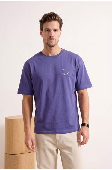 Purple Oversize/Wide Cut Slogan Embroidered 100% Cotton T-Shirt
