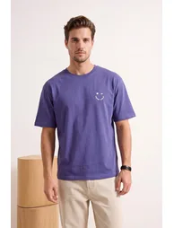Purple Oversize/Wide Cut Slogan Embroidered 100% Cotton T-Shirt