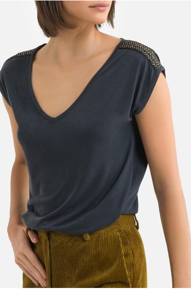 Embellished Shoulder T-Shirt with Short Sleeves