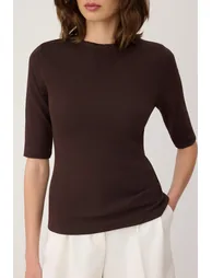 Brown Fitted Three Quarter Sleeve Piped Corded Fabric Stretchy Knitted Blouse - 2