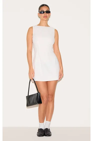 White Boat Neck Linen Shift Dress