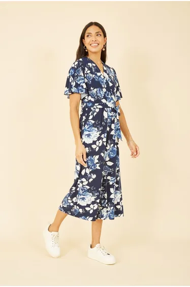 Mela Navy Rose Print Jumpsuit With Angel Sleeves