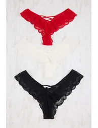 Black-White-Red 3-Pack Lace Brazilian Knitted Panties