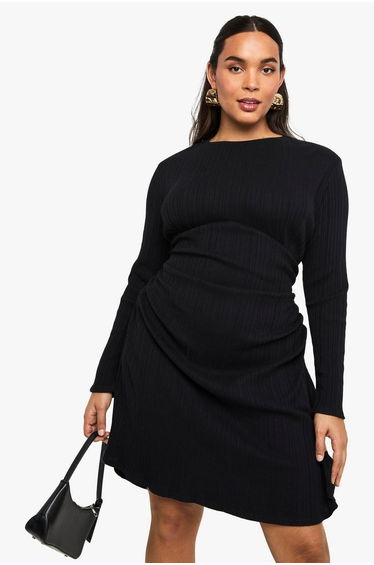 Plus Cotton Rib Ruched mini Dress - black