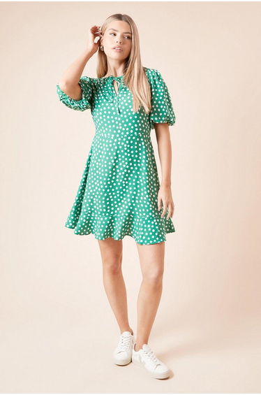 Green Spot Tie Front Puff Sleeve Mini Dress
