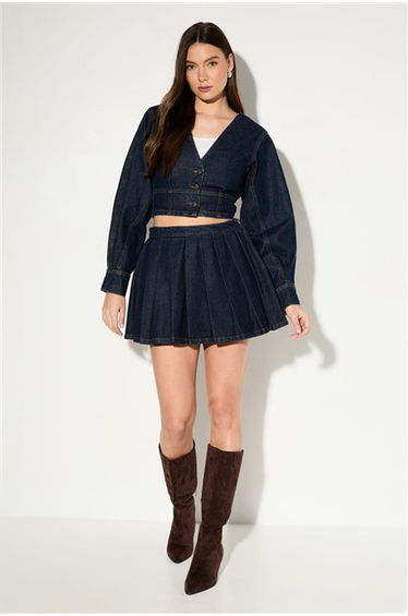Pleated Detail Denim Wrap Skirt