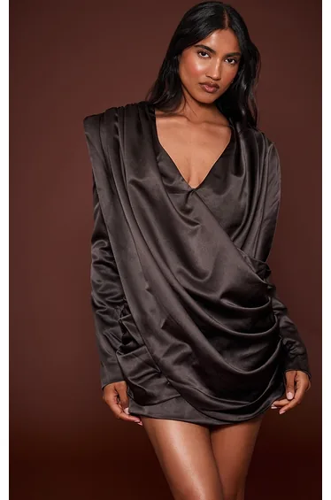 Chocolate Satin Cowl Neck Mini Dress